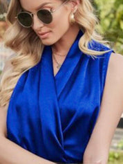 Kotty Blue Shawl Collar Satin Top