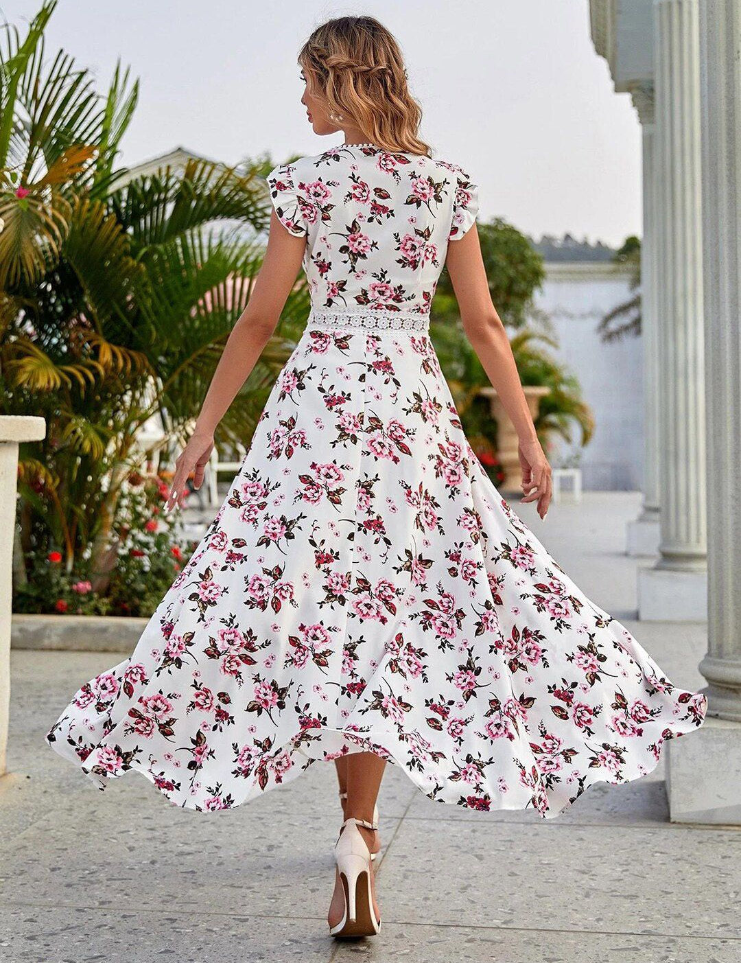 Kotty White & Pink Floral Printed V-Neck High-Low Fit & Flare Midi Dress