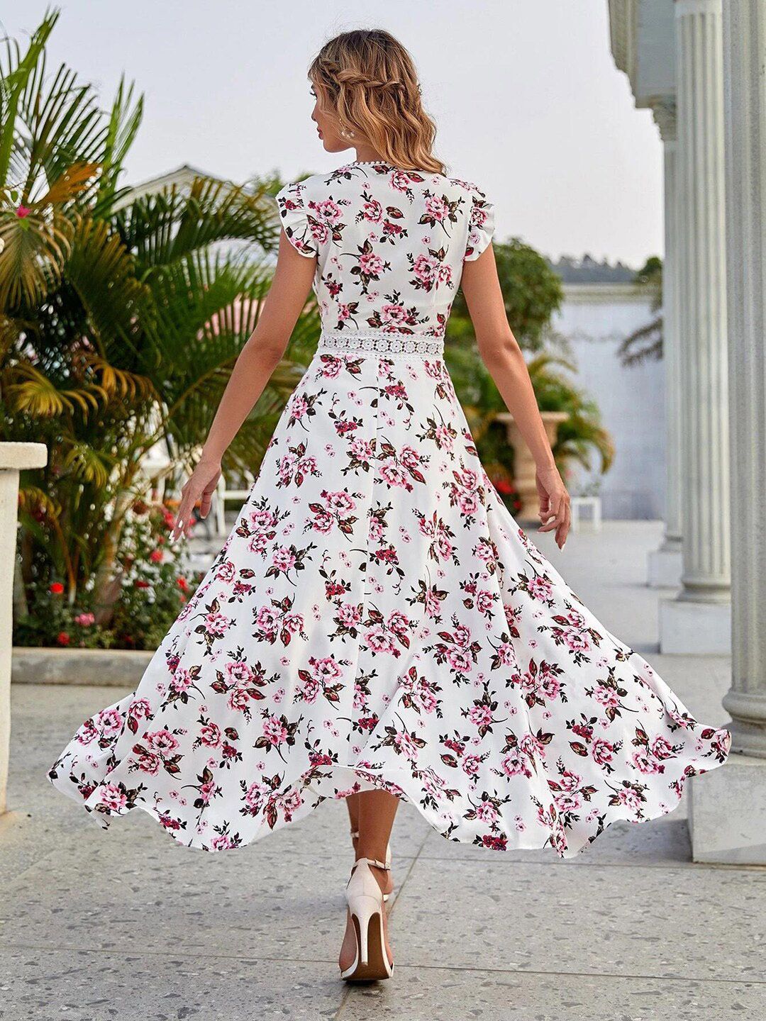 Kotty White & Pink Floral Printed V-Neck High-Low Fit & Flare Midi Dress