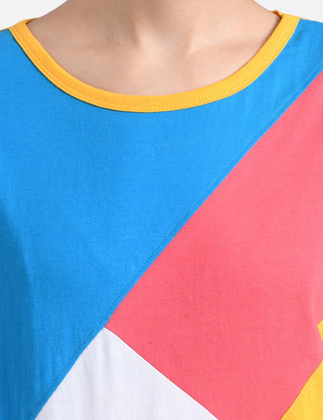 Kotty Women Yellow & Blue Colourblocked Round Neck T-shirt