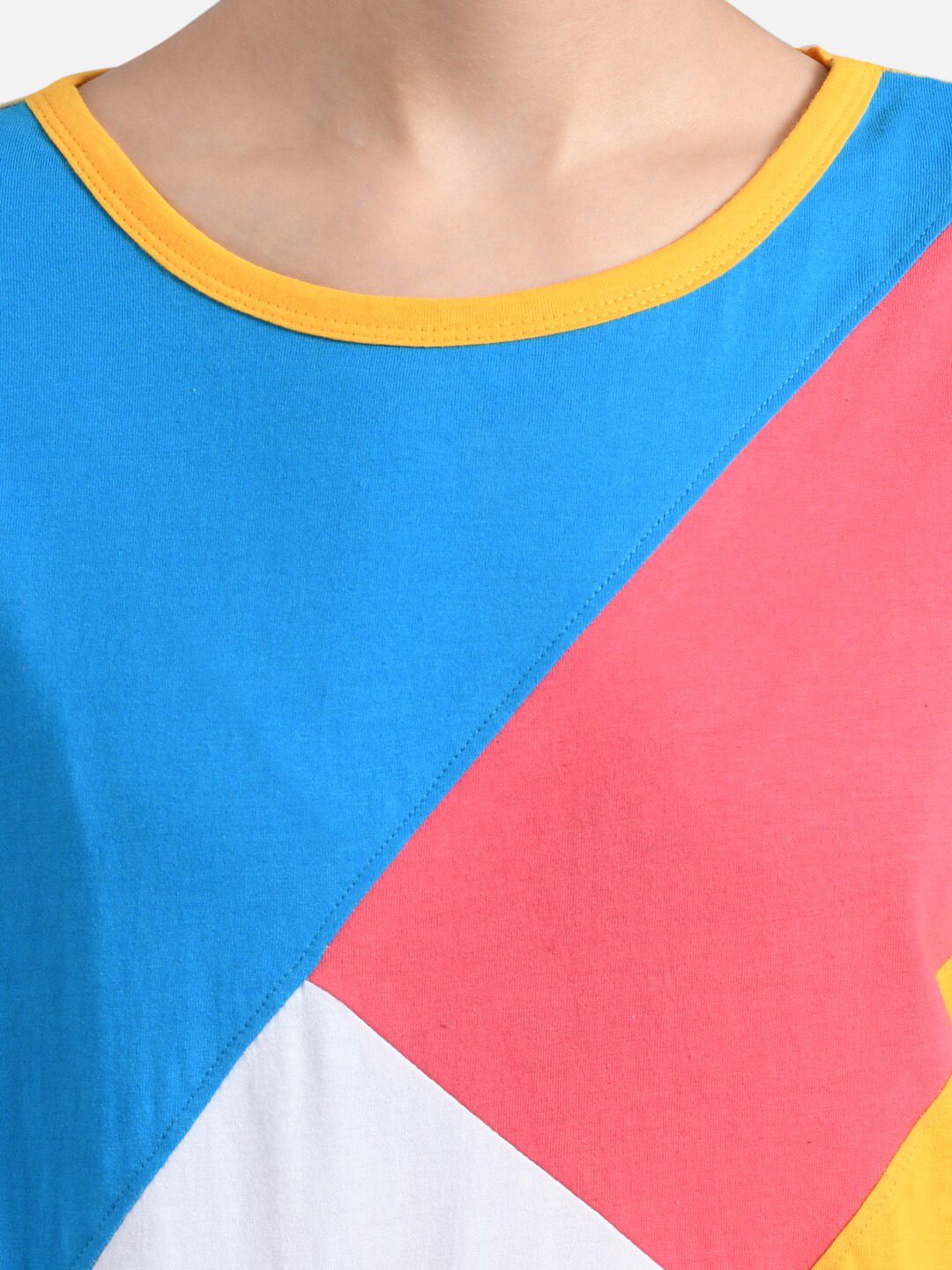 Kotty Women Yellow & Blue Colourblocked Round Neck T-shirt