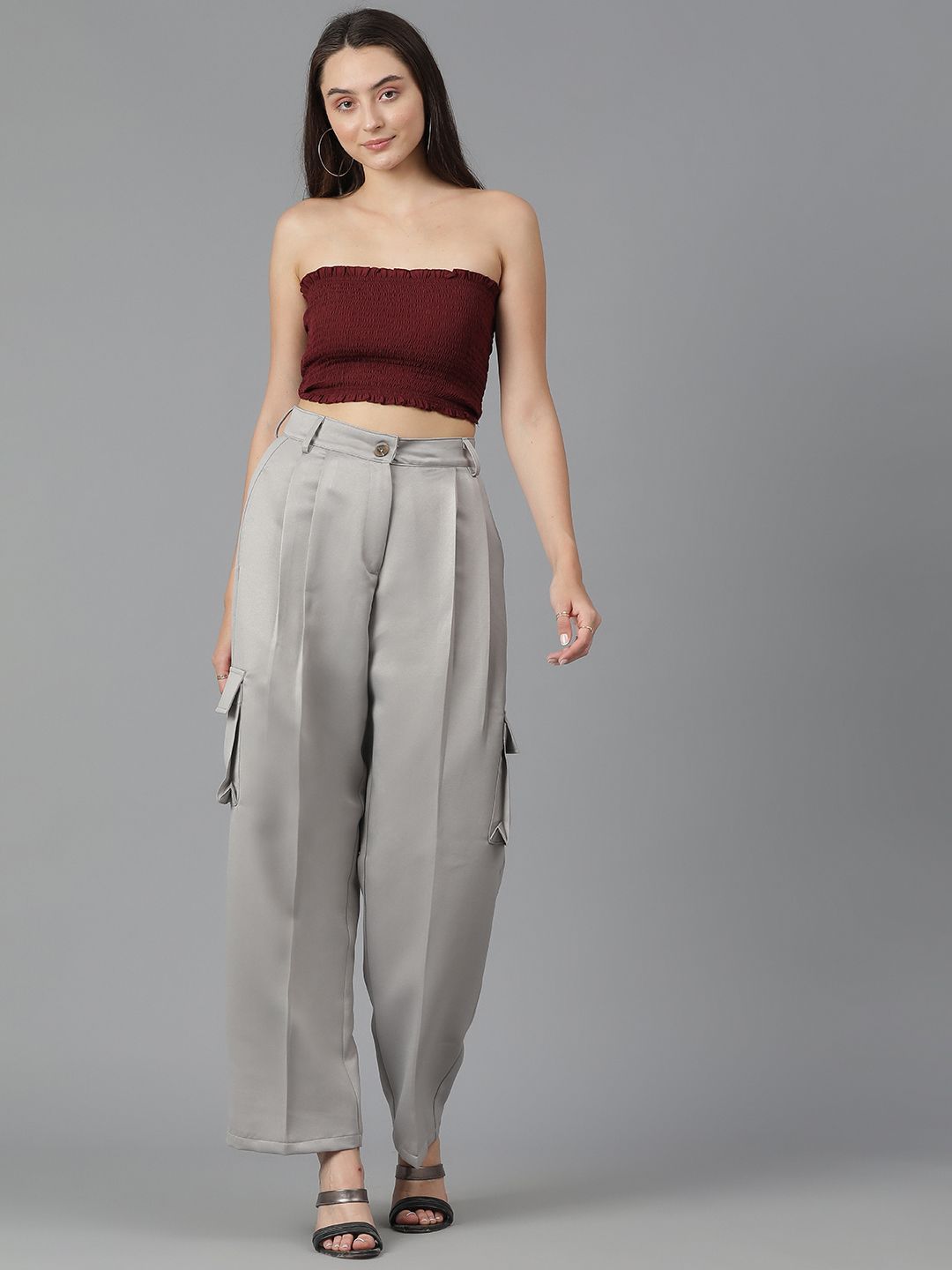 Kotty Women Straight Fit High-Rise Easy Wash Cargos Trousers