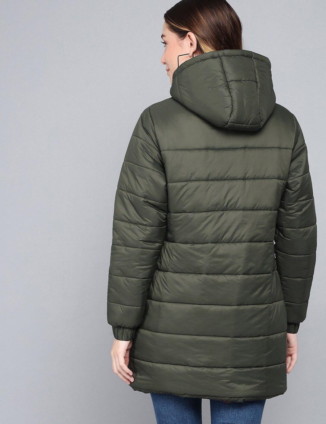 Kotty Women Olive Green Longline Outdoor Padded Jacket with Patchwork