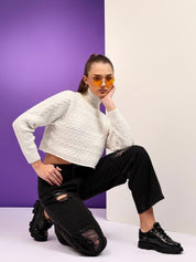 Kotty Women Cable Knit Self Design Cotton Crop Pullover