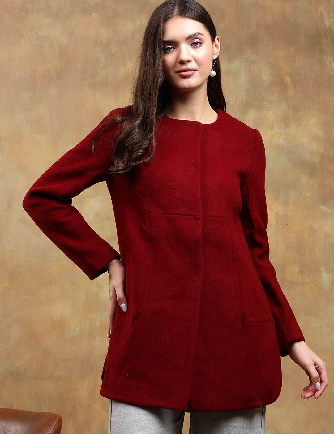 Kotty Solid Round Neck Overcoat