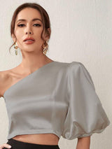 Kotty Women Solid One Shoulder Satin Crop Top