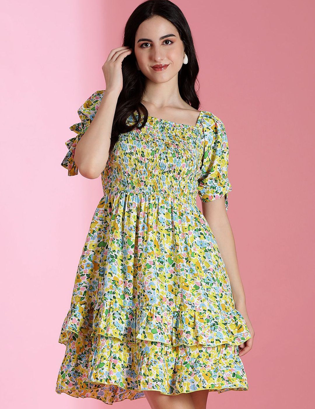 Kotty Women Floral Printed Puff Sleeve Fit & Flare Dress
