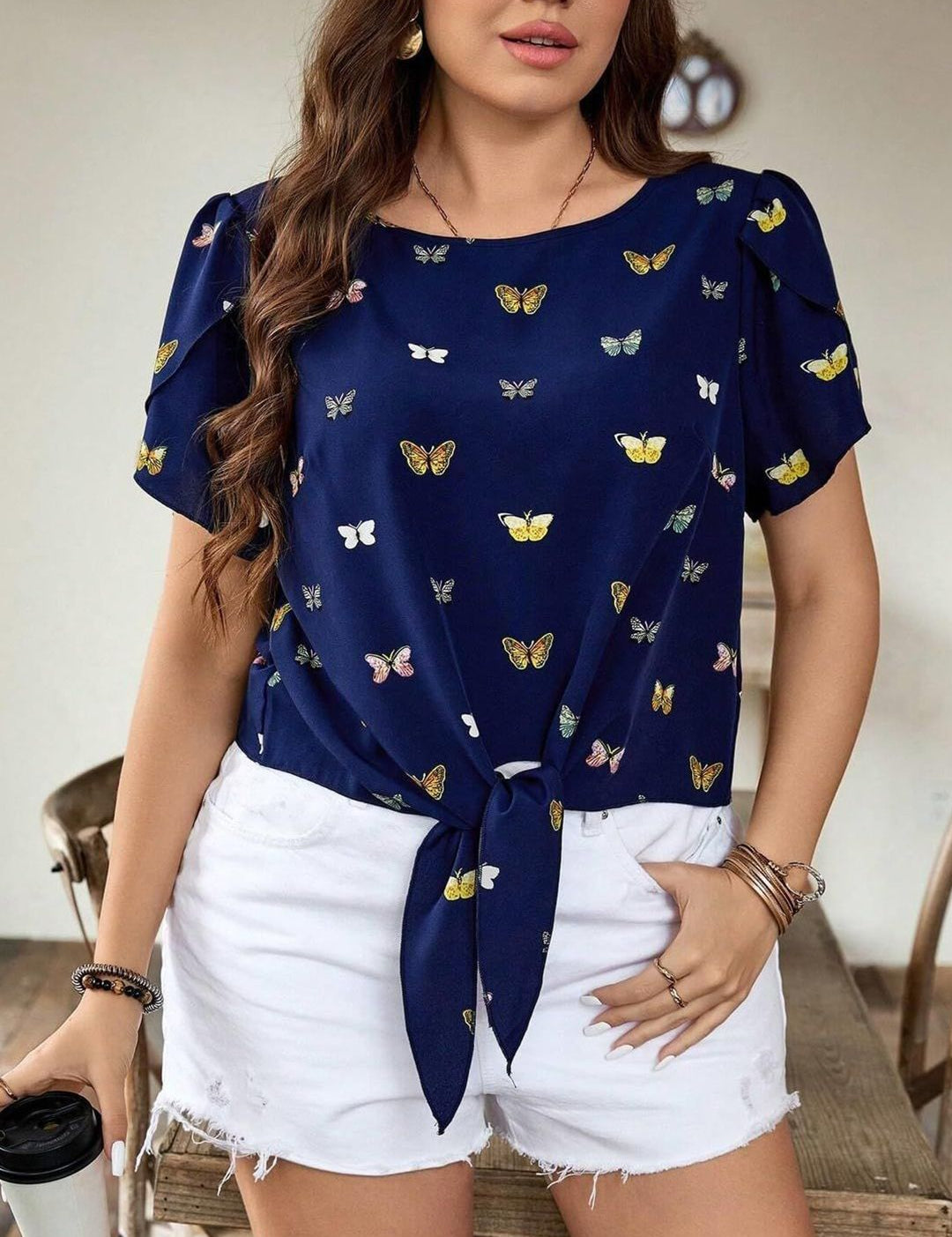 KOTTY Women Butterfly Print Boat Neck Puff Sleeves Tie-Up Top