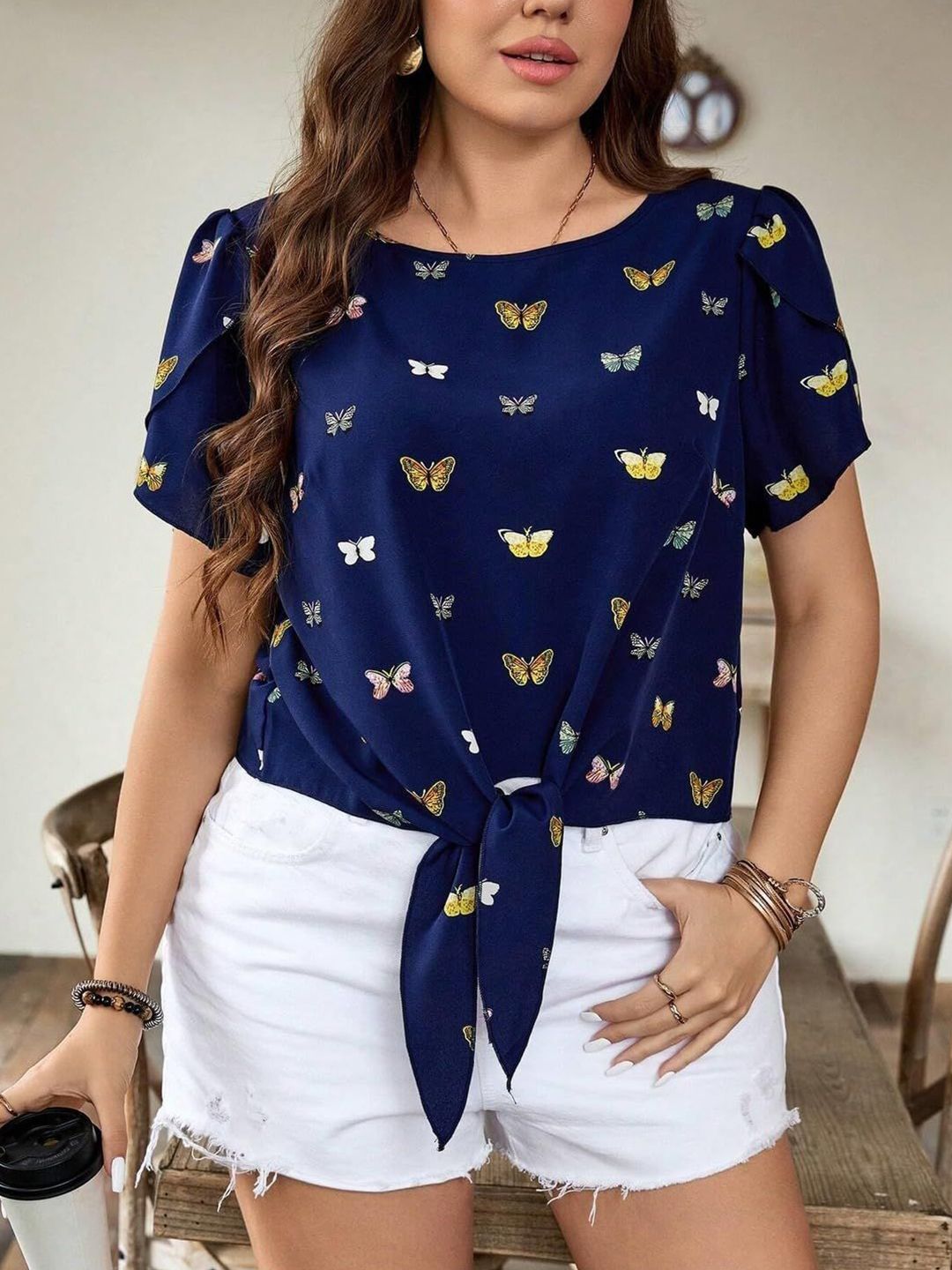 KOTTY Women Butterfly Print Boat Neck Puff Sleeves Tie-Up Top