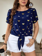 KOTTY Women Butterfly Print Boat Neck Puff Sleeves Tie-Up Top