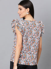 Kotty Women Floral Printed Sweetheart Neck Flutter Sleeves Top