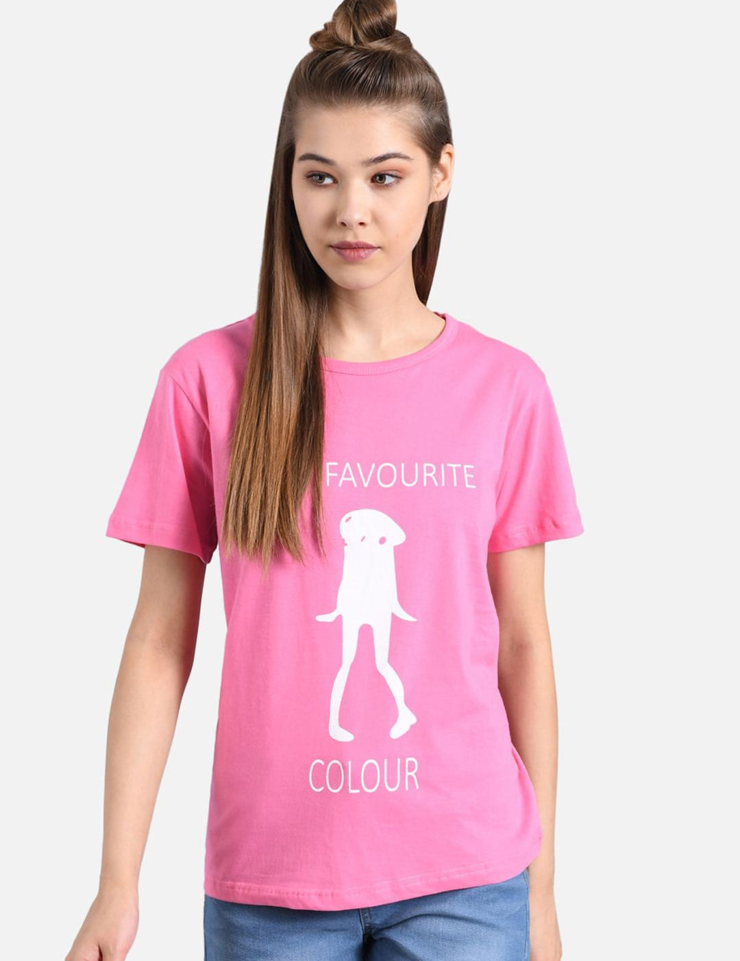 Kotty Women Pink & White Printed Round Neck T-shirt