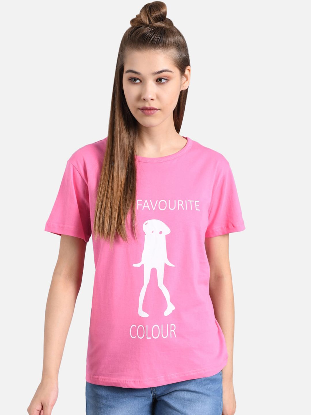 Kotty Women Pink & White Printed Round Neck T-shirt