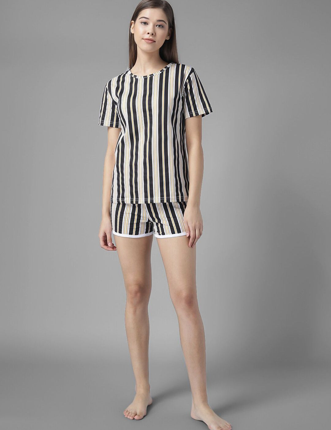 Kotty Women Black & White Striped Night Suit