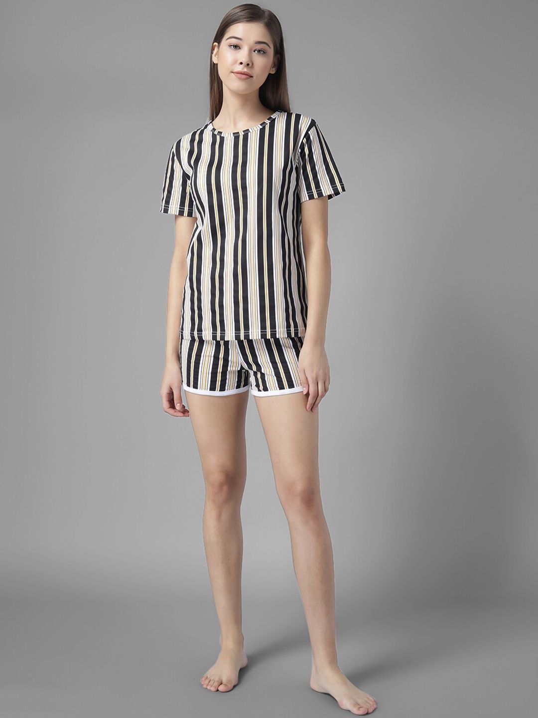 Kotty Women Black & White Striped Night Suit