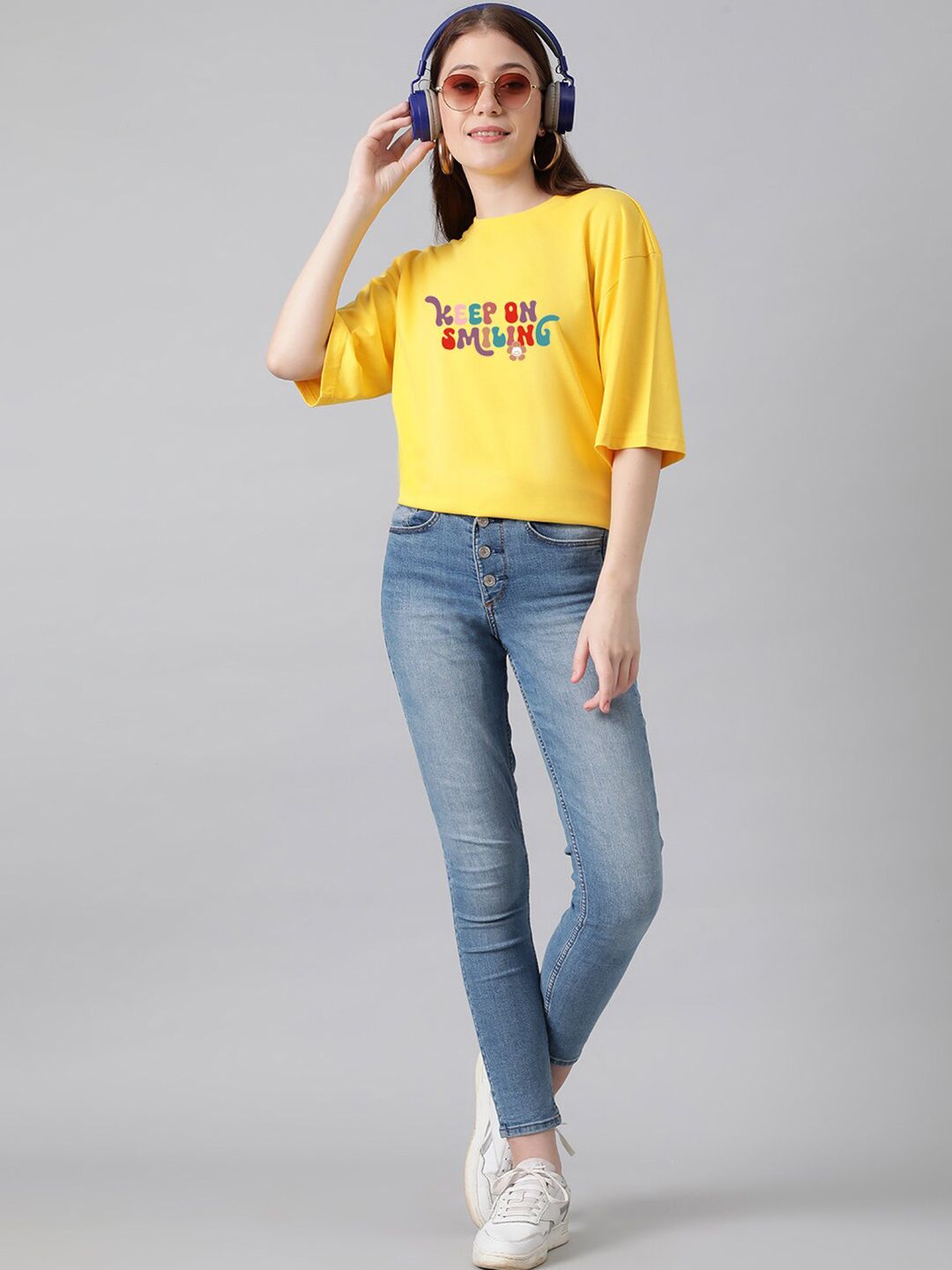KOTTY Basics Typography Printed Drop-Shoulder Sleeves Oversized T-shirt