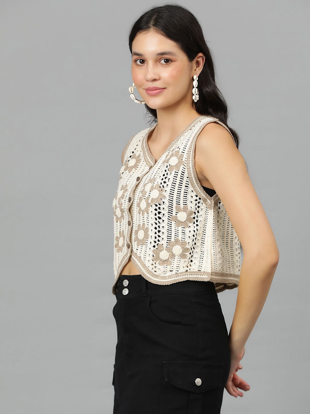 Kotty Floral Self Design Crochet V-Neck Crop Top