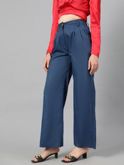 KOTTY BIZwear Women Blue High-Rise Relaxed Straight Leg Straight Fit Easy Wash Pleated Trousers