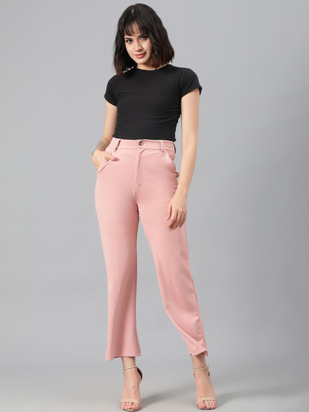 Kotty Women Pink Relaxed Straight Leg Fit High-Rise Easy Wash Parallel Trousers