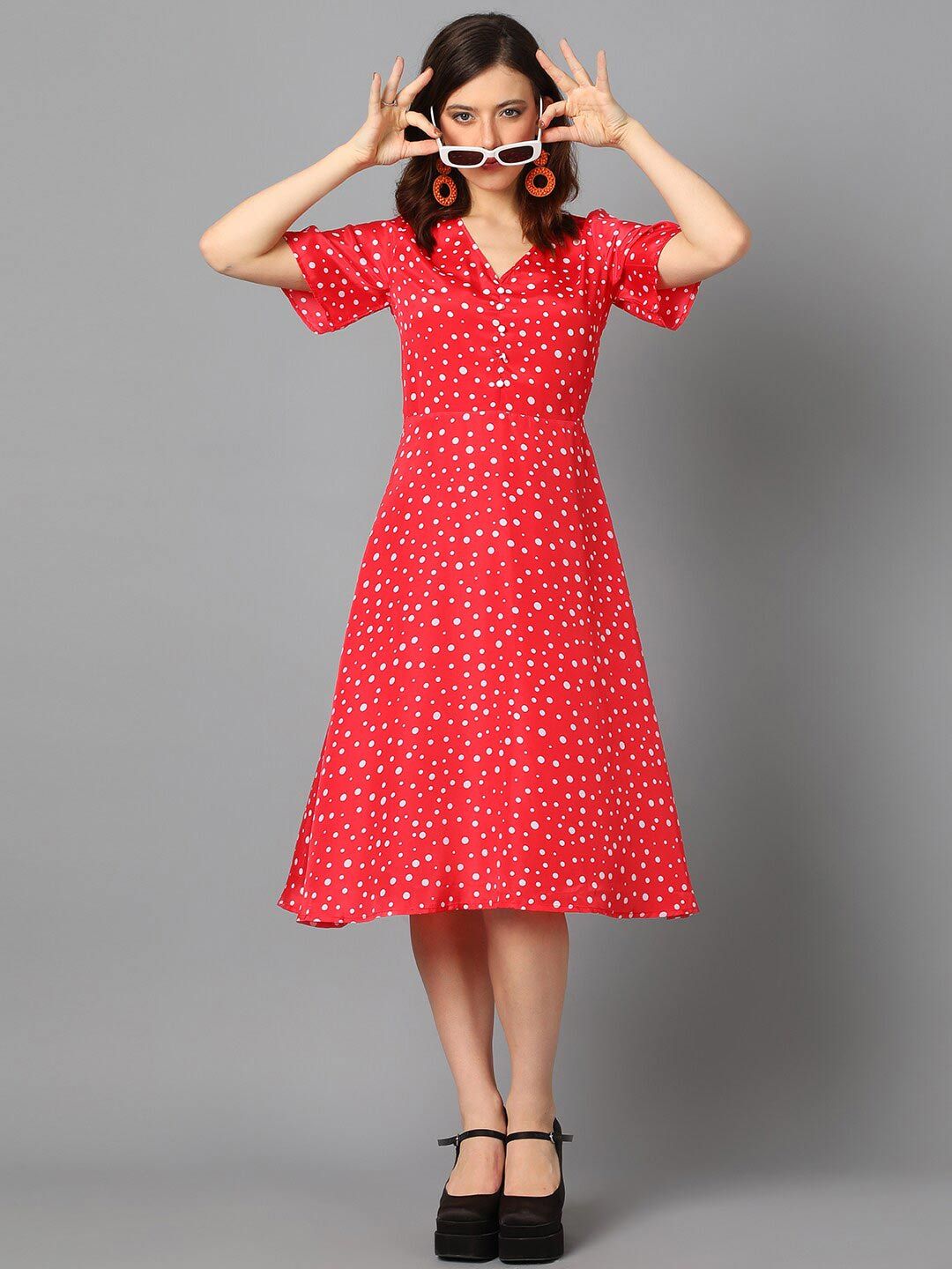 Kotty Red & White Abstract Printed A-Line Midi Dress