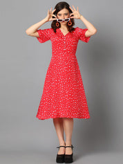 Kotty Red & White Abstract Printed A-Line Midi Dress