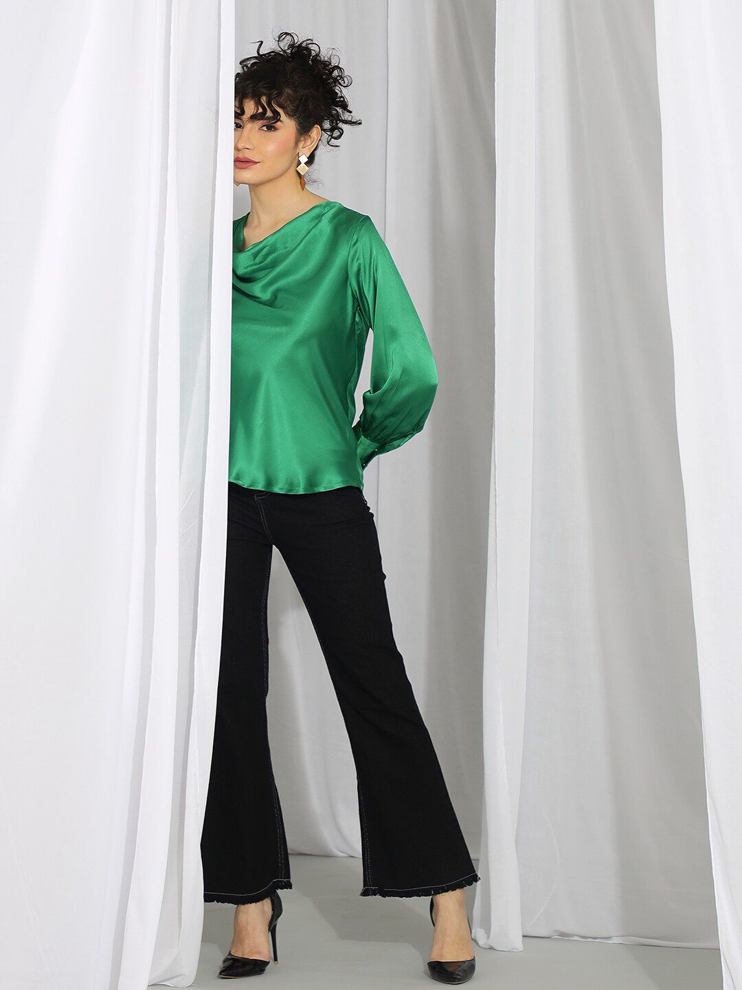 Kotty Green Cowl Neck Bishop Sleeves Satin Top