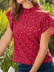 Kotty Red Conversational Printed High Neck Flutter Sleeve Regular Top