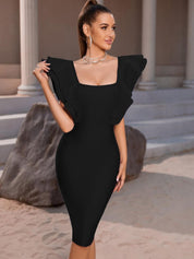Kotty Black Square Neck Flutter Sleeves Bodycon Dress
