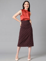 Kotty Rust High Neck Pleated Satin Regular Top