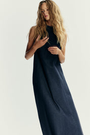 Kotty Women’s Navy Denim Maxi Dress Sleeveless Halter Neck
