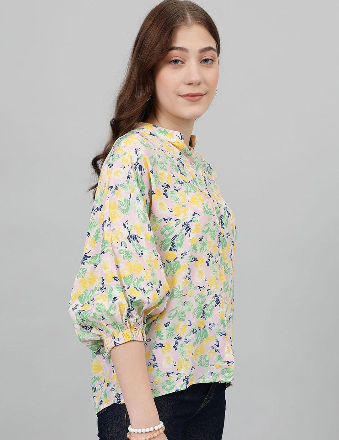 Kotty Yellow & Pink Floral Printed Mandarin Collar Puff Sleeves Crepe Casual Shirt