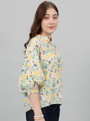 Kotty Yellow & Pink Floral Printed Mandarin Collar Puff Sleeves Crepe Casual Shirt