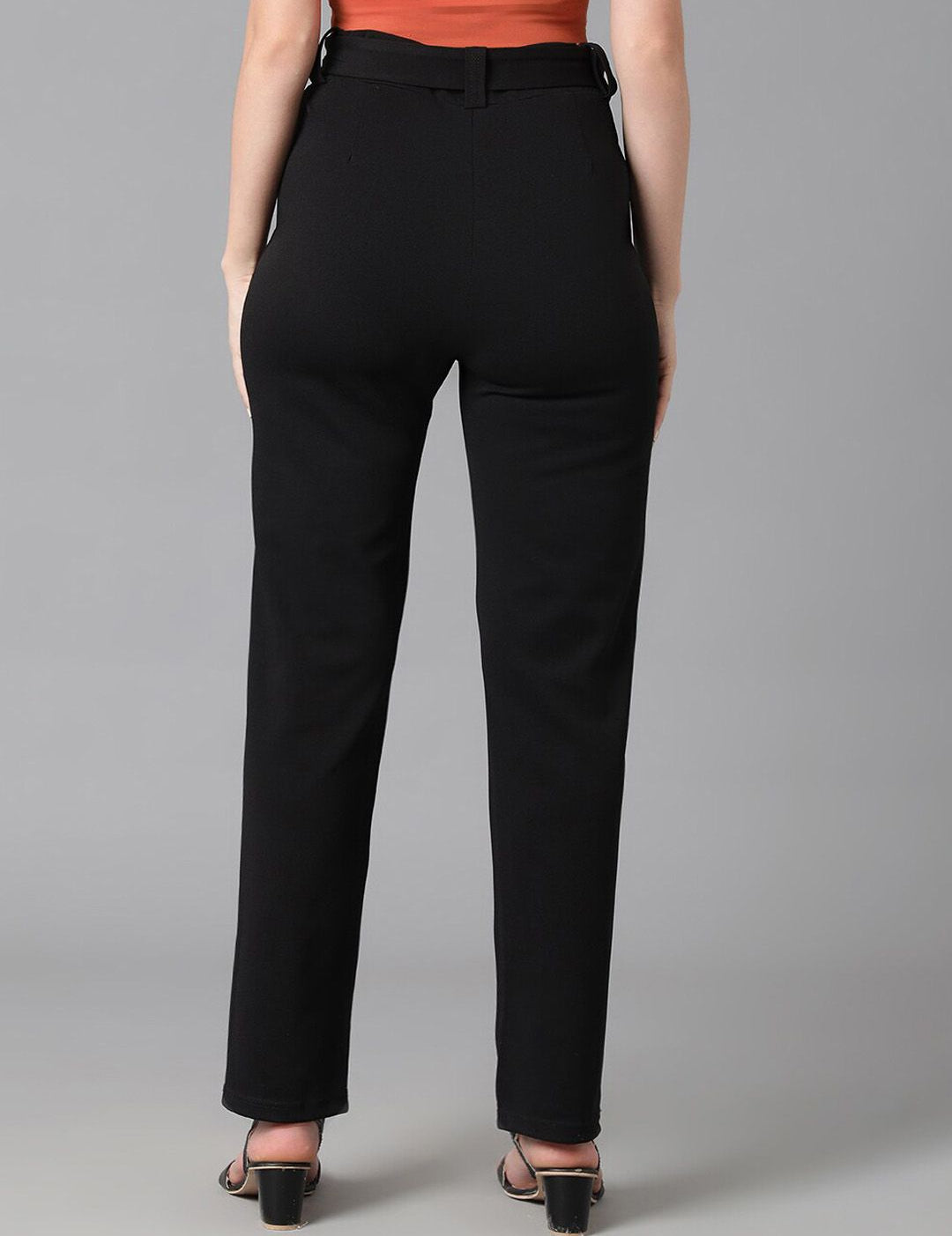 Kotty Women Black Relaxed Straight Leg High-Rise Easy Wash Trousers Comes With Belt