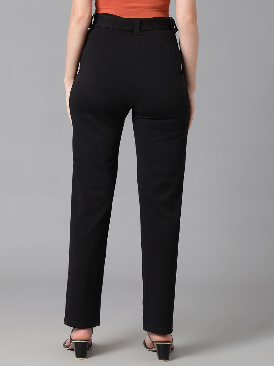 Kotty Women Black Relaxed Straight Leg High-Rise Easy Wash Trousers Comes With Belt