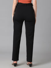 Kotty Women Black Relaxed Straight Leg High-Rise Easy Wash Trousers Comes With Belt