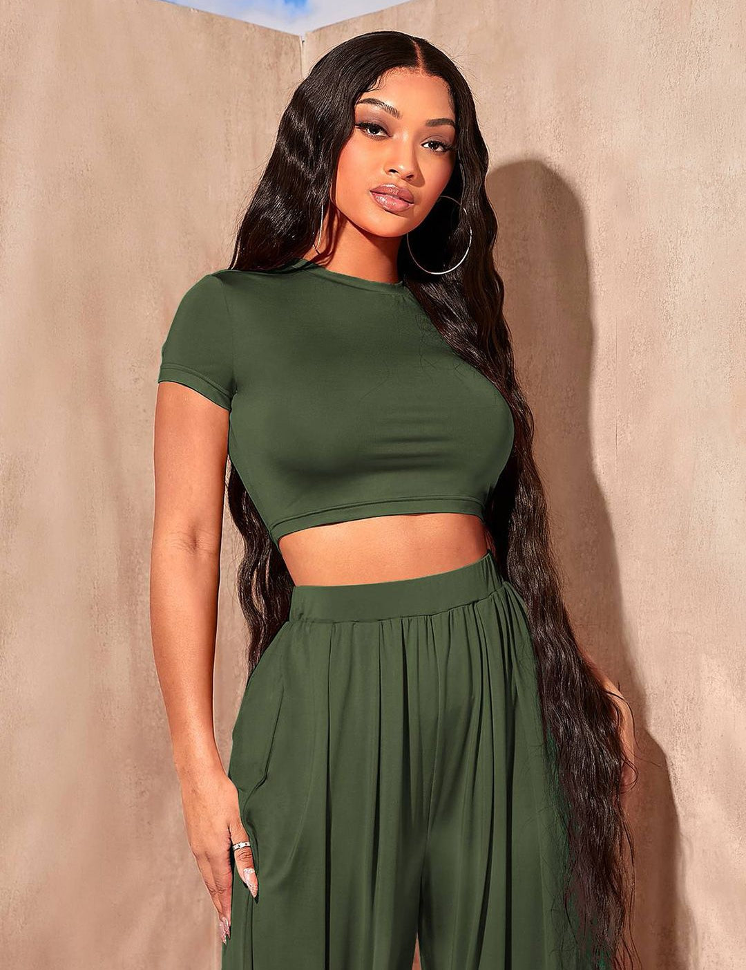 Kotty Olive Green Round Top With Palazzo