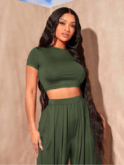 Kotty Olive Green Round Top With Palazzo