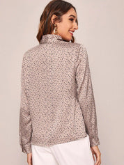 Kotty Pink Polka Dots Print Tie-Up Neck Satin Shirt Style Top