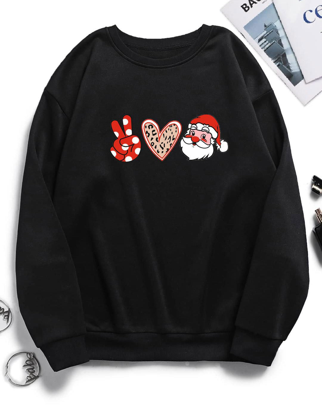 Kotty Black Graphic Printed Round Neck Pullover Sweatshirt