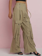 Kotty Women Solid Relaxed Straight Fit Mid-Rise Cargo Trousers