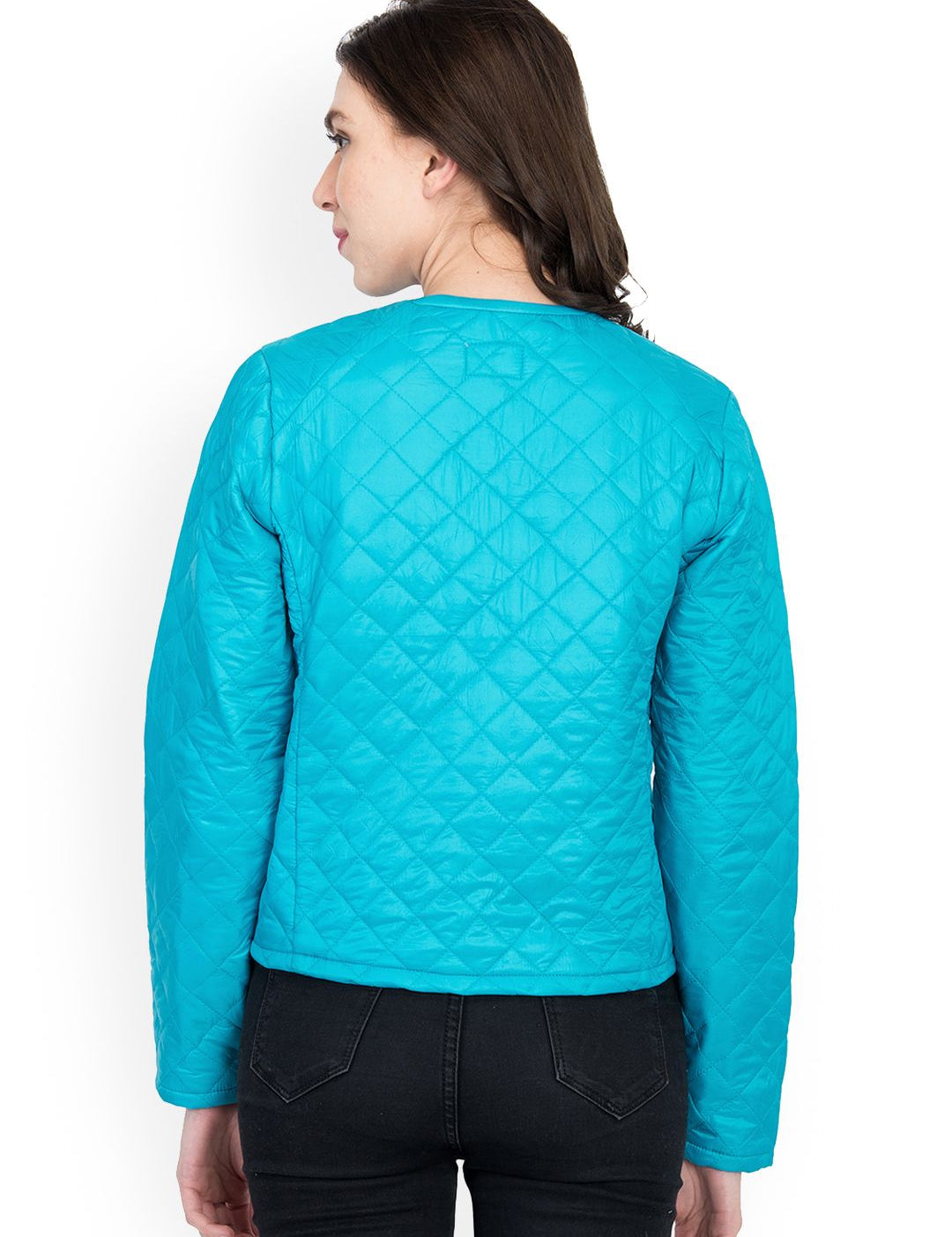 Kotty Women Blue Self Design Quilted Jacket