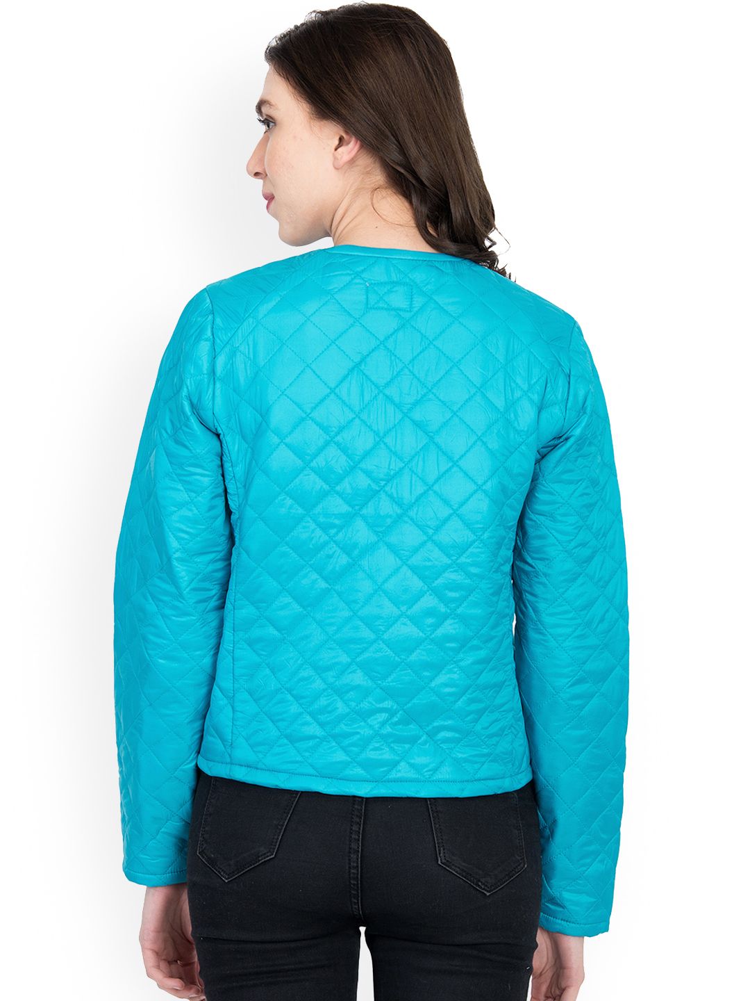 Kotty Women Blue Self Design Quilted Jacket
