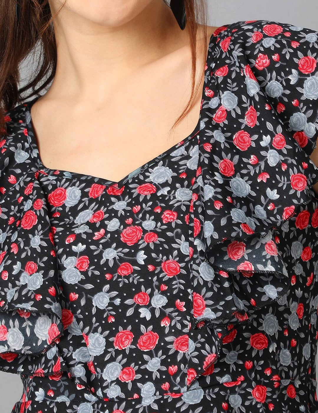 Kotty Black Floral Printed Sweetheart Neck Flutter Sleeve Peplum Top