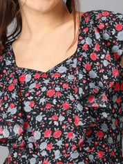 Kotty Black Floral Printed Sweetheart Neck Flutter Sleeve Peplum Top
