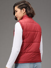 Kotty Women Maroon Solid Sleeveless Puffer Jacket