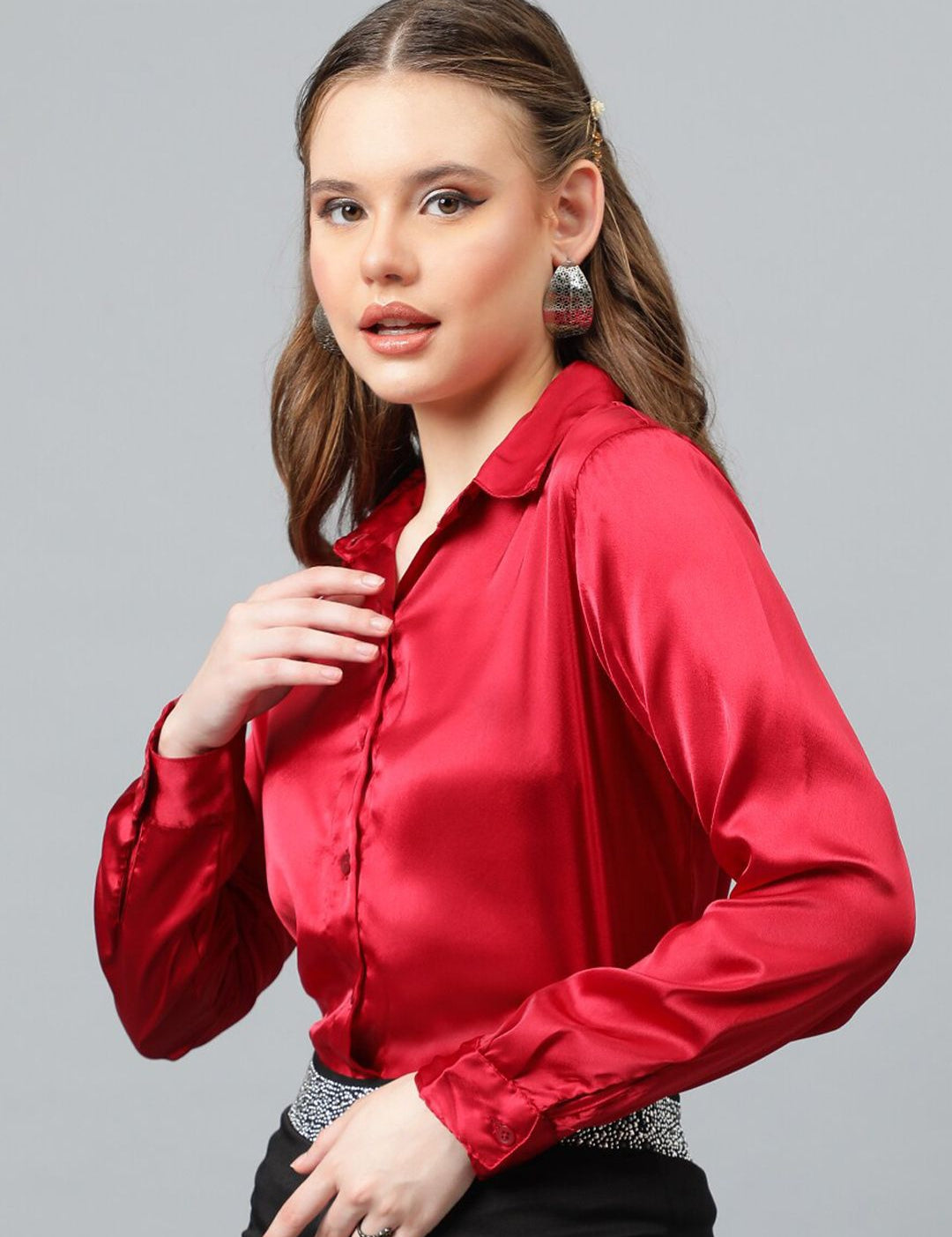 KOTTY BIZwear Maroon Relaxed Spread Collar Satin Casual Shirt