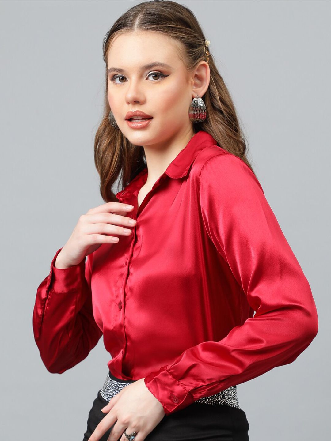 KOTTY BIZwear Maroon Relaxed Spread Collar Satin Casual Shirt