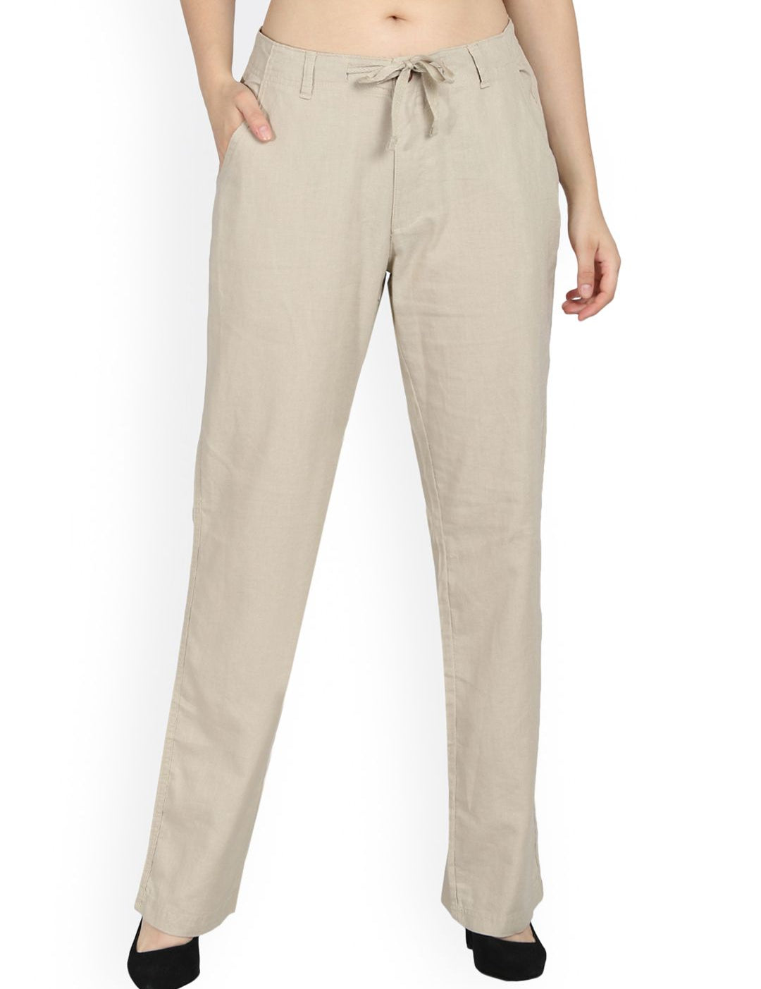 Kotty Women Beige Regular Fit Solid Linen Regular Trousers