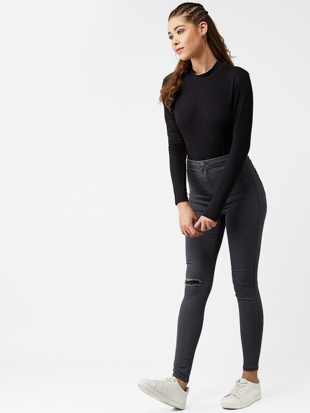 Kotty Women Grey Skinny Fit High-Rise Slash Knee Jeans