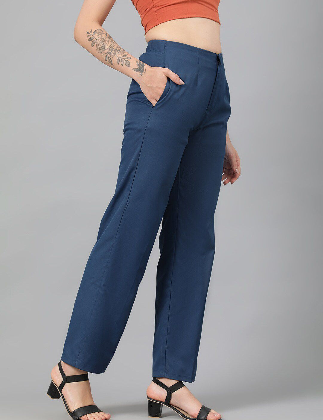 Kotty Women Teal Blue Relaxed Straight Leg Fit High-Rise Easy Wash Trousers
